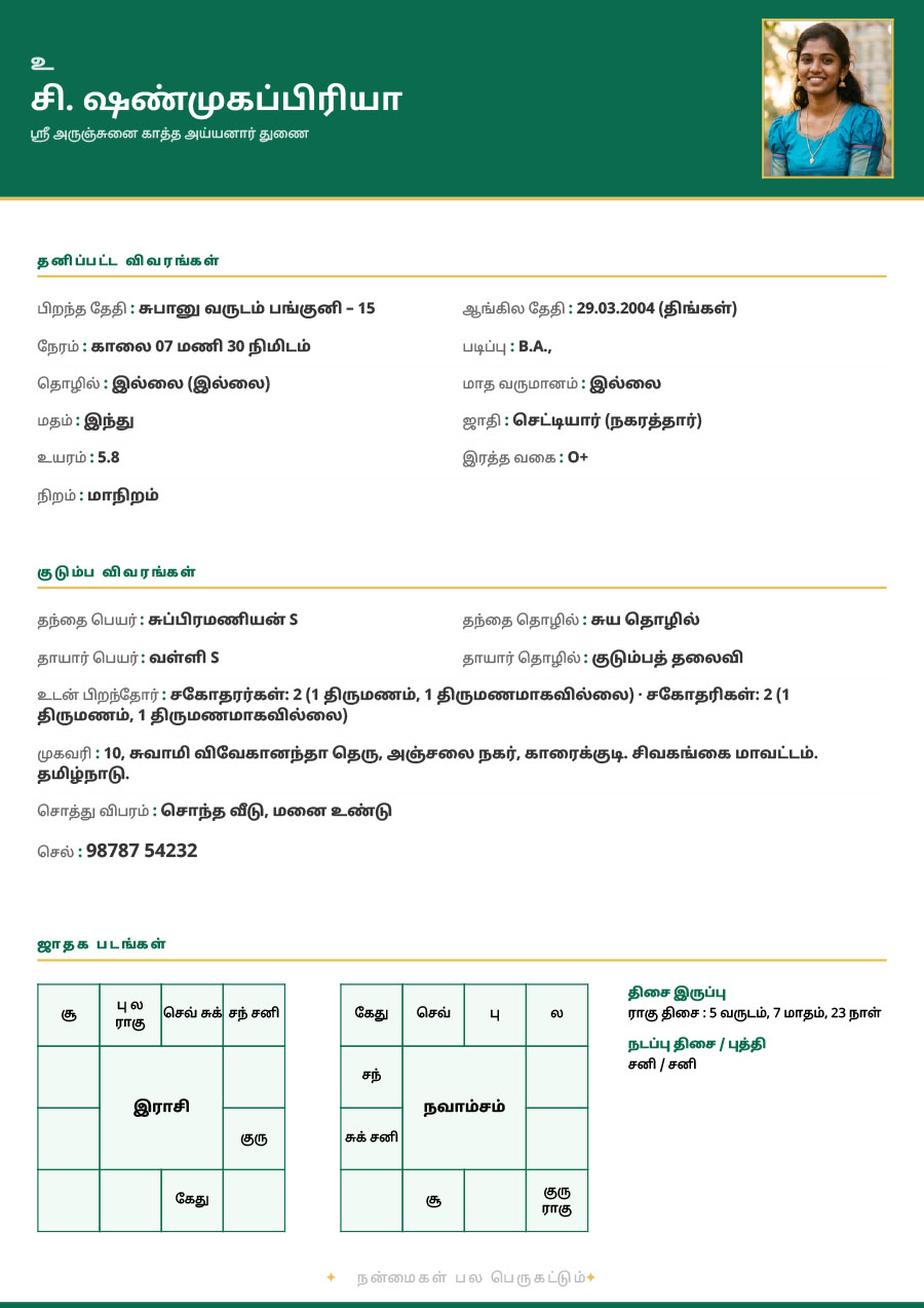 எமரால்டு பச்சை & தங்க திருமண பயோடேட்டா மாதிரி — ராசி நவாம்சம் வரைபடத்துடன்
